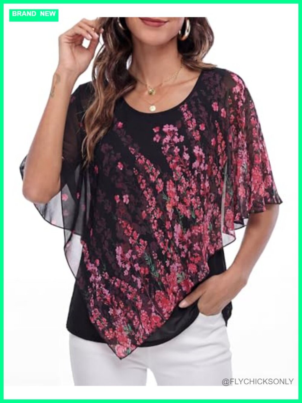 Womens Poncho Chiffon Blouse Flowy Tunic Top Dressy Layered